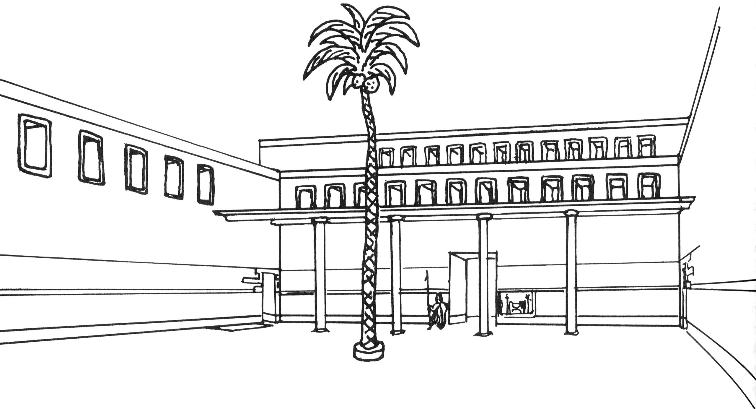Margueron’s reconstruction of the Court of the Palm with an artificial tree