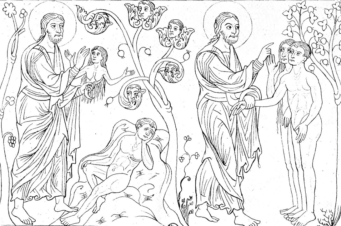 Left: God Creating Eve. Right: God Instructing Adam and Eve, late twelfth century