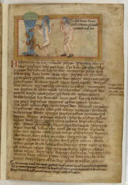 Illustration of Adam and Eve within an Old English manuscript of Genesis 3