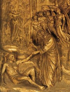 Lorenzo Ghiberti (1378-1455): Creation of Adam, from Gates of Paradise, 1425-1452.