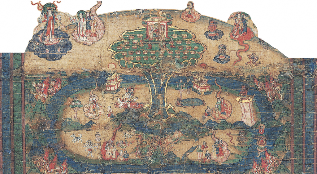 Detail of a wall hanging illustrating a Manichaean account of Enoch showing palaces at the top of a tree-like sacred mountain that surround a larger palace of Deity. Corresponding texts seem to describe events similar to the Book of Moses story of how Enoch and his people ascended to the bosom of God.